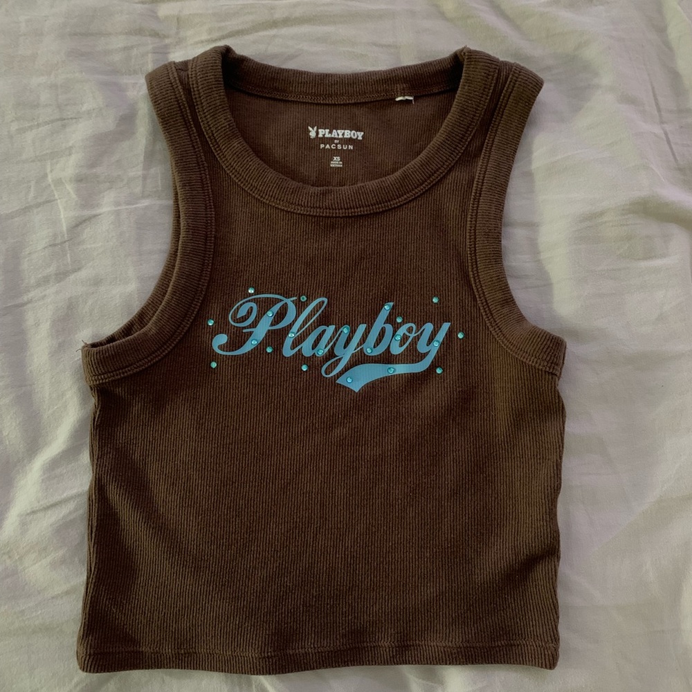 Brown playboy tank top with blue rhinestone lettering in the back